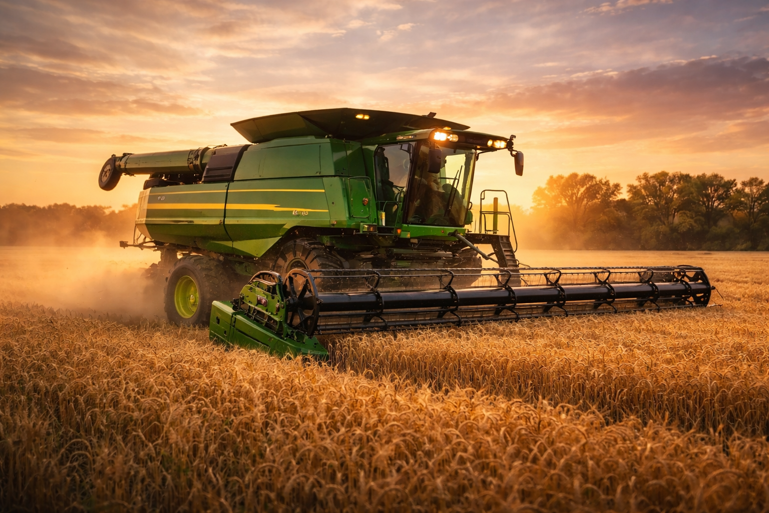 Cosecha en campo al atardecer